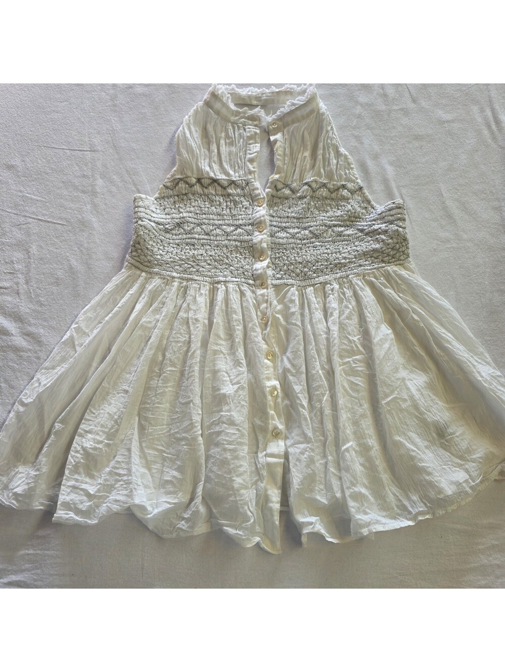 Free People White boho halter tunic Babydoll smocked and embroidered Medium